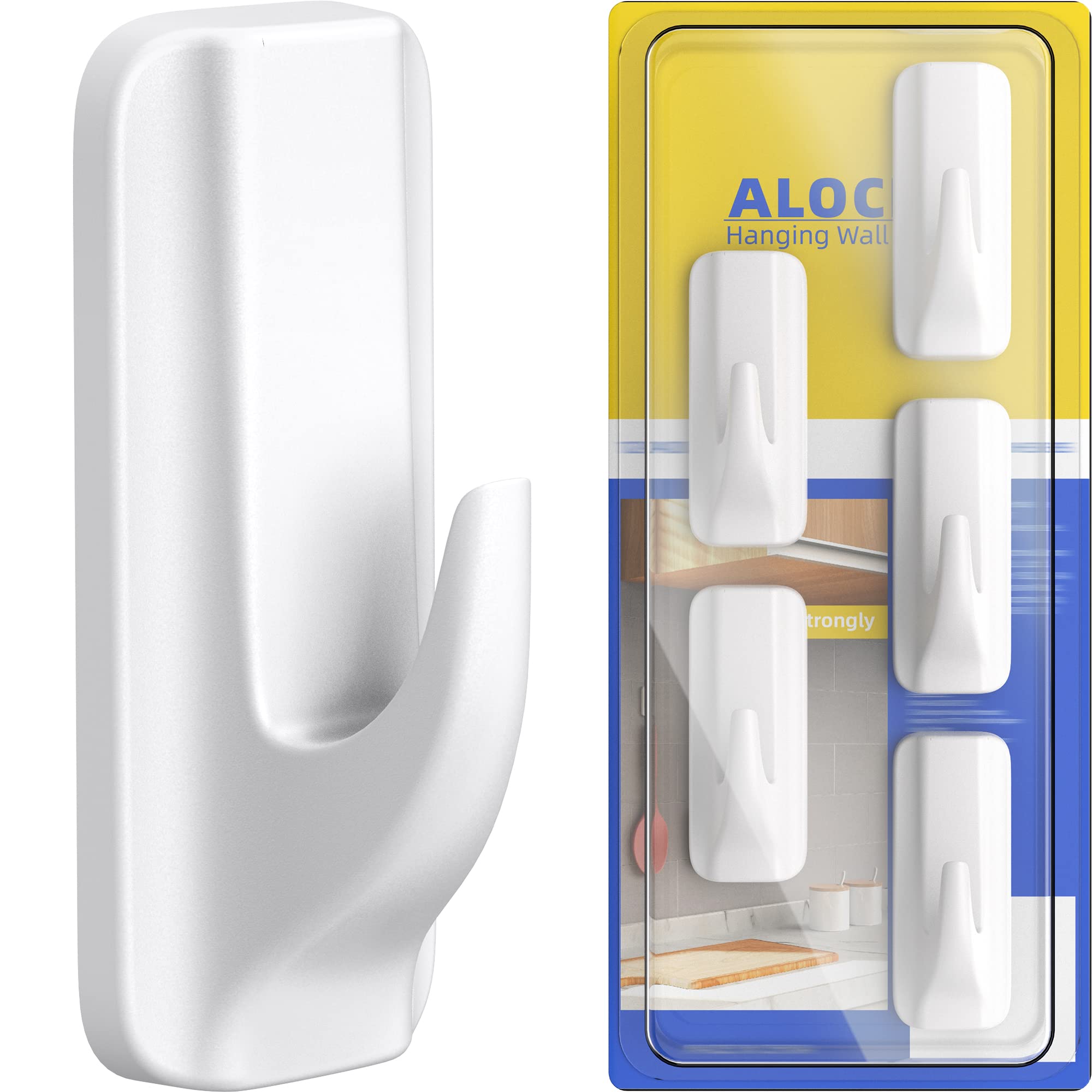 ALOCEO Sticky Hooks Coat Key Hooks White Plastic Wall Hooks for Hanging Hangers for Walls Adhesive Hooks Towel Hooks 5 Hooks and 6 Strips