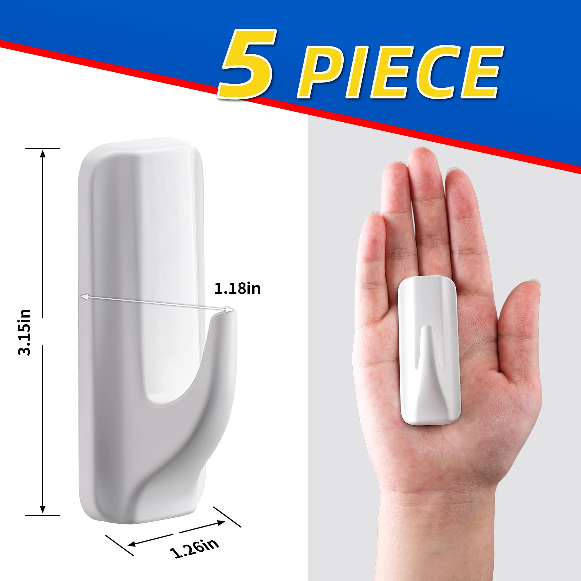 ALOCEO Sticky Hooks Coat Key Hooks White Plastic Wall Hooks for Hanging Hangers for Walls Adhesive Hooks Towel Hooks 5 Hooks and 6 Strips