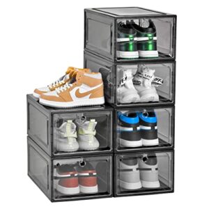 byfu shoe box drop front set of 6, plastic stackable shoe storage boxes with lids, sneaker display case shoe organizer bins for closet, easy assembly (dark grey)