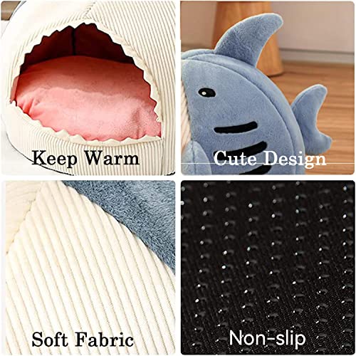 Shark Shape Cat Cave Bed with Thick Cushion, Kitten Cat Soft Warm House for Indoor Cats Anti-Slip Bottom, Cat Tent with Removable Washable Cushioned Pillow, Cat Hut Sleeping Bag Small Dog Bed - XL