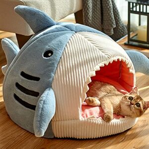 Shark Shape Cat Cave Bed with Thick Cushion, Kitten Cat Soft Warm House for Indoor Cats Anti-Slip Bottom, Cat Tent with Removable Washable Cushioned Pillow, Cat Hut Sleeping Bag Small Dog Bed - XL