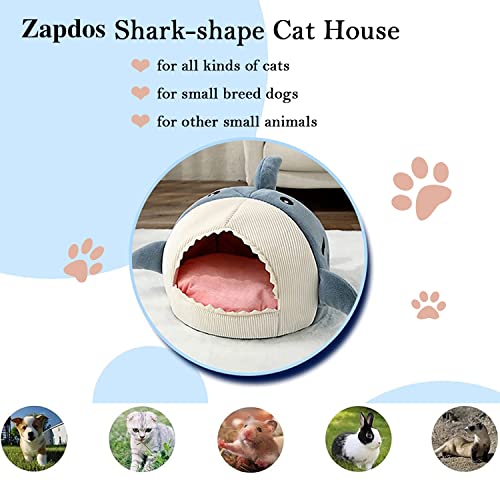 Shark Shape Cat Cave Bed with Thick Cushion, Kitten Cat Soft Warm House for Indoor Cats Anti-Slip Bottom, Cat Tent with Removable Washable Cushioned Pillow, Cat Hut Sleeping Bag Small Dog Bed - XL