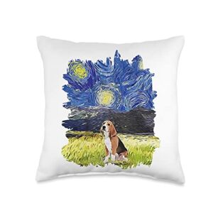beagle gift for men women & youth starry night impressionist-dog art beagle throw pillow, 16x16, multicolor