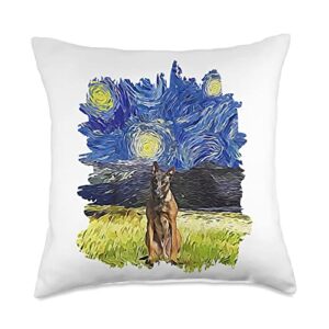 Belgian Malinois Gift for Men Women & Youth Starry Night Impressionist-Dog Art Belgian Malinois Throw Pillow, 18x18, Multicolor