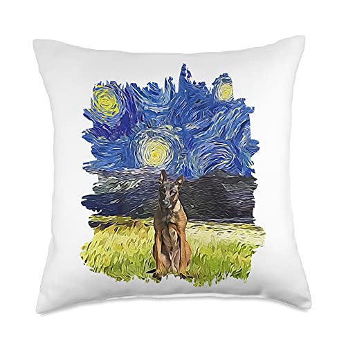 Belgian Malinois Gift for Men Women & Youth Starry Night Impressionist-Dog Art Belgian Malinois Throw Pillow, 18x18, Multicolor