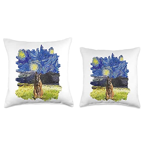Belgian Malinois Gift for Men Women & Youth Starry Night Impressionist-Dog Art Belgian Malinois Throw Pillow, 18x18, Multicolor