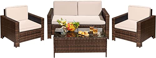 Greesum 4 Pieces Patio Furniture Sets, Wicker Rattan Sofa Chair with Soft Cushions and Sturdy Coffee Table, Outdoor-Indoor Use for Backyard Porch Garden Poolside Balcony, Beige and Brown