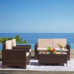 Greesum 4 Pieces Patio Furniture Sets, Wicker Rattan Sofa Chair with Soft Cushions and Sturdy Coffee Table, Outdoor-Indoor Use for Backyard Porch Garden Poolside Balcony, Beige and Brown