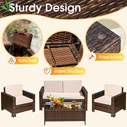 Greesum 4 Pieces Patio Furniture Sets, Wicker Rattan Sofa Chair with Soft Cushions and Sturdy Coffee Table, Outdoor-Indoor Use for Backyard Porch Garden Poolside Balcony, Beige and Brown