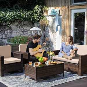 Greesum 4 Pieces Patio Furniture Sets, Wicker Rattan Sofa Chair with Soft Cushions and Sturdy Coffee Table, Outdoor-Indoor Use for Backyard Porch Garden Poolside Balcony, Beige and Brown