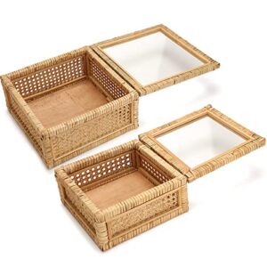 Amyhill Set of 2 Boho Rectangular Rattan Decorative Boxes with Glass Lids Woven Cane and Rattan Display Boxes with Lids Storage Basket Bins for Home Decor (12 x 12 x 6 Inch, 9 x 9 x 4.5 Inch)