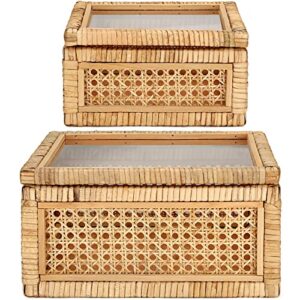 amyhill set of 2 boho rectangular rattan decorative boxes with glass lids woven cane and rattan display boxes with lids storage basket bins for home decor (12 x 12 x 6 inch, 9 x 9 x 4.5 inch)