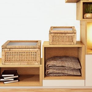 Amyhill Set of 2 Boho Rectangular Rattan Decorative Boxes with Glass Lids Woven Cane and Rattan Display Boxes with Lids Storage Basket Bins for Home Decor (12 x 12 x 6 Inch, 9 x 9 x 4.5 Inch)