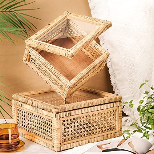 Amyhill Set of 2 Boho Rectangular Rattan Decorative Boxes with Glass Lids Woven Cane and Rattan Display Boxes with Lids Storage Basket Bins for Home Decor (12 x 12 x 6 Inch, 9 x 9 x 4.5 Inch)