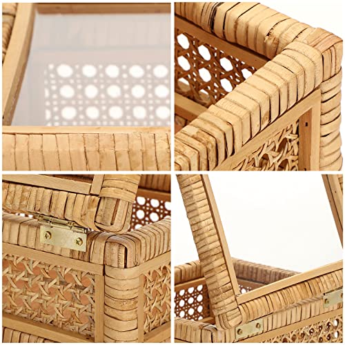 Amyhill Set of 2 Boho Rectangular Rattan Decorative Boxes with Glass Lids Woven Cane and Rattan Display Boxes with Lids Storage Basket Bins for Home Decor (12 x 12 x 6 Inch, 9 x 9 x 4.5 Inch)