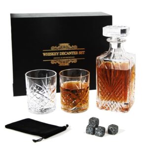 chrhzn whiskey decanter set - gifts for men crystal bourbon decanter set, scotch decanter set,whiskey decanter with 2 glasses in gift box, gifts for fathers, brothers, bosses, husbands