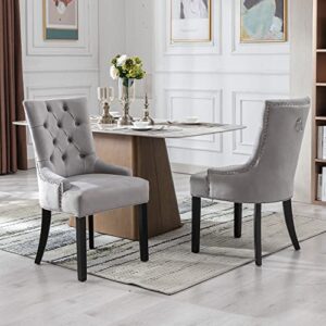 dm furniture velvet dining chairs modern tufted side host kitchen chairs with wooden legs upholstered accent chair for dining room/living room/bedroom (set of 2, light grey)