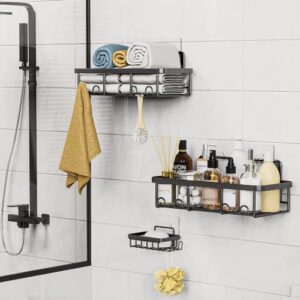 Attmu Shower Caddy Shower Shelf No Drilling with 2 Soap Holders, Adhesive Large Capacity Shower Organizer for Bathroom, Kitchen, Shower Rack Shelves - 4 Pack (Black)
