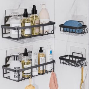 attmu shower caddy shower shelf no drilling with 2 soap holders, adhesive large capacity shower organizer for bathroom, kitchen, shower rack shelves - 4 pack (black)