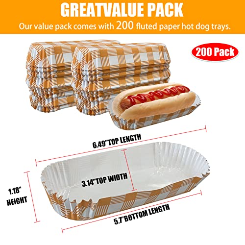 200Pcs Home Paper Hot Dog Trays- 6.49” Rectangular Fluted Hot Dog Tray - Disposable Hot Dog Wrappers - Rectangular Food Trays for to-Go Orders, Takeout, Concessions Stands, Festivals (Orange)