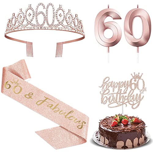 THSZHJT 60th Birthday Decorations Women Rose Gold, 60th Birthday Tiara Sash Candle Gifts for 60 Years Old Party Decoration and Supplies with Gift Box…