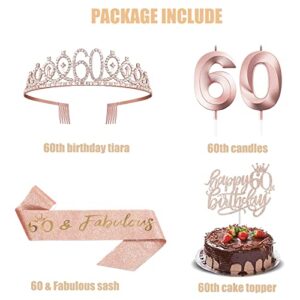 THSZHJT 60th Birthday Decorations Women Rose Gold, 60th Birthday Tiara Sash Candle Gifts for 60 Years Old Party Decoration and Supplies with Gift Box…