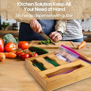 Seebroad Bamboo Wrap Dispenser with Cutter and Ziplock Bag Organizer for Kitchen Drawer, 7 Slots, Compatible with Variety Size Bags (2 Boxes)