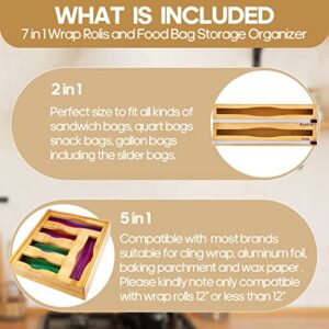 Seebroad Bamboo Wrap Dispenser with Cutter and Ziplock Bag Organizer for Kitchen Drawer, 7 Slots, Compatible with Variety Size Bags (2 Boxes)