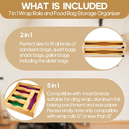 Seebroad Bamboo Wrap Dispenser with Cutter and Ziplock Bag Organizer for Kitchen Drawer, 7 Slots, Compatible with Variety Size Bags (2 Boxes)