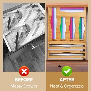 Seebroad Bamboo Wrap Dispenser with Cutter and Ziplock Bag Organizer for Kitchen Drawer, 7 Slots, Compatible with Variety Size Bags (2 Boxes)