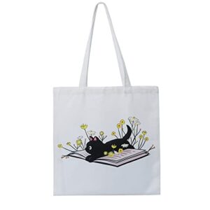 canvas aesthetic tote bag for women,cute flower cat book tote bag shopping bags shoulder bag reusable grocery bags (lying down)