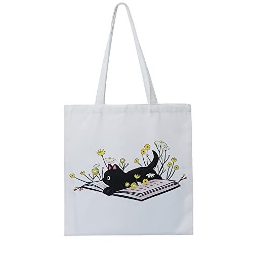 Canvas Aesthetic Tote Bag for Women,Cute Flower cat book tote bag Shopping Bags Shoulder Bag Reusable Grocery Bags (lying down)