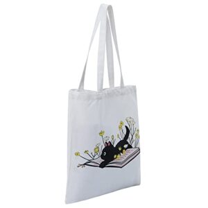 Canvas Aesthetic Tote Bag for Women,Cute Flower cat book tote bag Shopping Bags Shoulder Bag Reusable Grocery Bags (lying down)