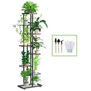 corner plant stand indoor 8 tier 9 potted with gardening tools and gloves, upgraded tall metal plant shelf organizer outdoor, multiple flower holder display rack for patio, garden, balcony, living room