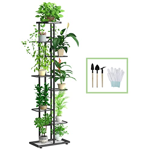 Corner Plant Stand Indoor 8 Tier 9 Potted with Gardening Tools and Gloves, Upgraded Tall Metal Plant Shelf Organizer Outdoor, Multiple Flower Holder Display Rack for Patio, Garden, Balcony, Living Room