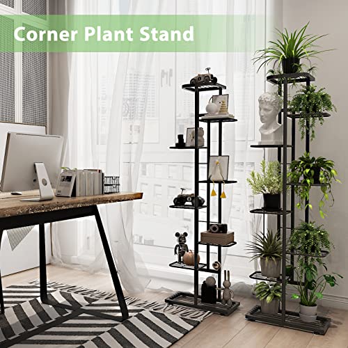 Corner Plant Stand Indoor 8 Tier 9 Potted with Gardening Tools and Gloves, Upgraded Tall Metal Plant Shelf Organizer Outdoor, Multiple Flower Holder Display Rack for Patio, Garden, Balcony, Living Room