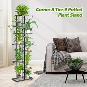 Corner Plant Stand Indoor 8 Tier 9 Potted with Gardening Tools and Gloves, Upgraded Tall Metal Plant Shelf Organizer Outdoor, Multiple Flower Holder Display Rack for Patio, Garden, Balcony, Living Room