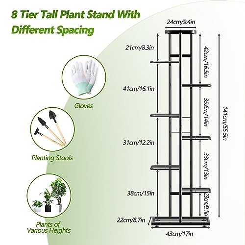 Corner Plant Stand Indoor 8 Tier 9 Potted with Gardening Tools and Gloves, Upgraded Tall Metal Plant Shelf Organizer Outdoor, Multiple Flower Holder Display Rack for Patio, Garden, Balcony, Living Room