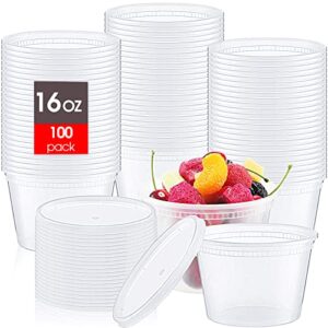 100 sets plastic food containers with lids 16 oz deli storage containers disposable soup containers with airtight lids leakproof round clear takeout container, microwave dishwasher freezer safe