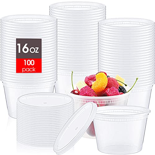 100 Sets Plastic Food Containers with Lids 16 oz Deli Storage Containers Disposable Soup Containers with Airtight Lids Leakproof Round Clear Takeout Container, Microwave Dishwasher Freezer Safe