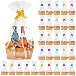 30 pieces basket for gifts empty diy bulk gift basket kit with handles kraft cardboard trays with 30 bags and 30 bow market tray for wedding party gift wrapping (brown,9.8 x 6.5 x 4.3 in)