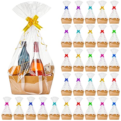 30 Pieces Basket for Gifts Empty DIY Bulk Gift Basket Kit with Handles Kraft Cardboard Trays with 30 Bags and 30 Bow Market Tray for Wedding Party Gift Wrapping (Brown,9.8 x 6.5 x 4.3 In)