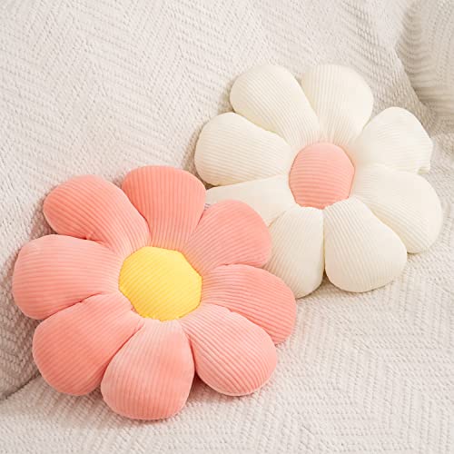 XIXISA 2pcs Flower Pillow - Pink & White Daisy Flower Shaped Throw Pillows, Cute Flower Pillow Plush Floor Preppy Pillows Cushion for Bedroom Sofa Chair Room Decor (15.35 Inch, White + Pink)