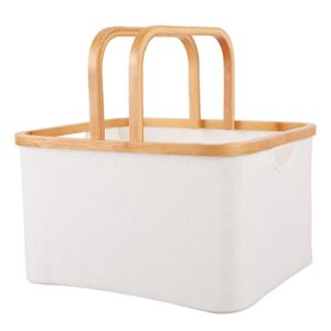 lamorée large storage bin basket with folding bamboo handles oxford cloth box for picnic shopping car storage rectangular closet shelf cabinet cube decorative nursery laundry clothes organizer - beige