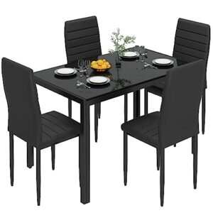 lamerge dining table set for 4, 5 piece kitchen table set with tempered glass table top and 4 faux leather chairs,for living room,dining room,kitchen,small space,black (ldts-gb)