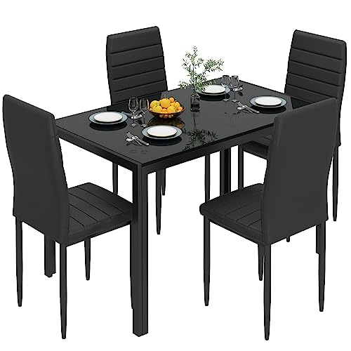 Lamerge Dining Table Set for 4, 5 Piece Kitchen Table Set with Tempered Glass Table Top and 4 Faux Leather Chairs,for Living Room,Dining Room,Kitchen,Small Space,Black (LDTS-GB)