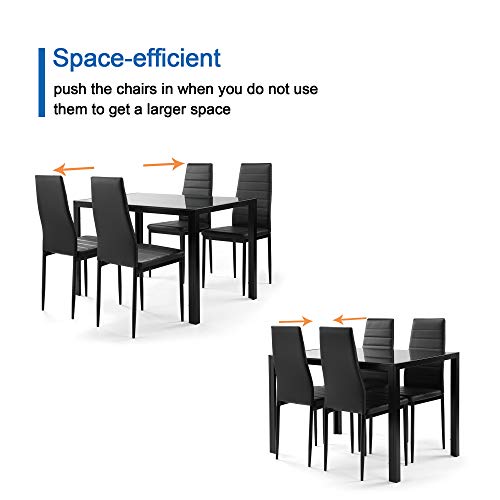 Lamerge Dining Table Set for 4, 5 Piece Kitchen Table Set with Tempered Glass Table Top and 4 Faux Leather Chairs,for Living Room,Dining Room,Kitchen,Small Space,Black (LDTS-GB)