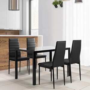 Lamerge Dining Table Set for 4, 5 Piece Kitchen Table Set with Tempered Glass Table Top and 4 Faux Leather Chairs,for Living Room,Dining Room,Kitchen,Small Space,Black (LDTS-GB)