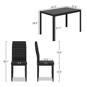Lamerge Dining Table Set for 4, 5 Piece Kitchen Table Set with Tempered Glass Table Top and 4 Faux Leather Chairs,for Living Room,Dining Room,Kitchen,Small Space,Black (LDTS-GB)