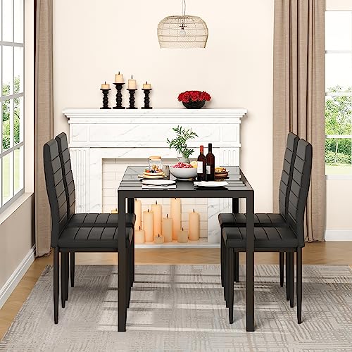 Lamerge Dining Table Set for 4, 5 Piece Kitchen Table Set with Tempered Glass Table Top and 4 Faux Leather Chairs,for Living Room,Dining Room,Kitchen,Small Space,Black (LDTS-GB)